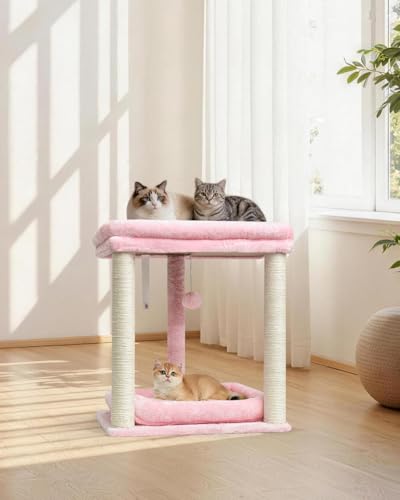 SYANDLVY Small Cat Tree for Indoor Cats with 2 Levels Perch Platforms - color: Pink