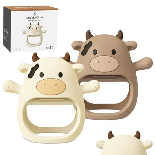 ChooKaChoo 2 Pack Baby Teething Toy for Over 3 Months, Food Grade Silicone Teething Mitten, Anti Dropping Wrist Hand Teethers Baby Chew Toys for Sucking Needs, BPA Free (MooMoo Cow) - color: MooMoo Cow