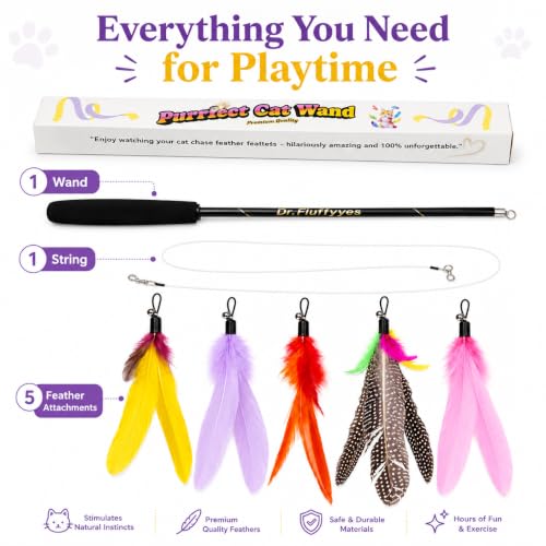 Cat Wand Toy with 5 Feather Attachments – Interactive Cat Teaser Wand & Cat Fishing Pole Toy for Indoor Cats, Feather Cat Toy for Exercise, Chase & Play, Fun Kitten Toys for Bored Cats
