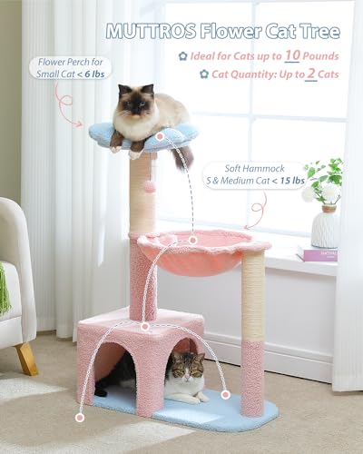 MUTTROS Flower Cat Tree with Large Metal Frame Hammock, 35" Pink Cat Tower with Sisal Scratching Posts for Small Indoor Cats, Cat Condo with Blue Top Perch for Kittens, Fluffy Ball, Pink - color: Blue, size: 35" Upgraded Flower Cat Tree