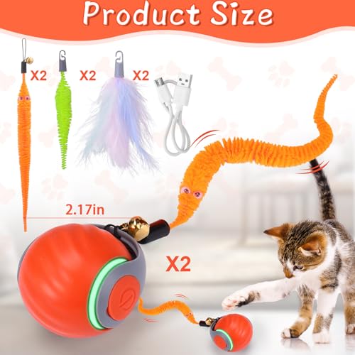 BABORUI 2Pack Orange Interactive Cat Toy Ball - Automatic Interactive Cat Toys for Indoor Cats with 3 Tails, 2 Speeds Rechargeable Enrichment for Small/Medium/Large to Keep Them Busy - color: 2 Pack Orange