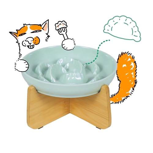 Slow Feeder Cat Bowl with Stand - Unbreakable Elevated Slow Feeder Bowl for Cats - Melamine Puzzle Raised Cat Food Bowl - Whisker Friendly & Wet & Dry Food- Dishwasher Safe & Non Slip (Green - color: Green