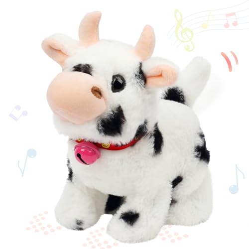 Hopearl Walking Cow Interactive Electronic Pet Plush Diary Cattle Toy with Sounds and Movements MOO Nodding Head Wag Tail Animated Gift for Toddlers Birthday, Black, 7'' - style: Cow-Black