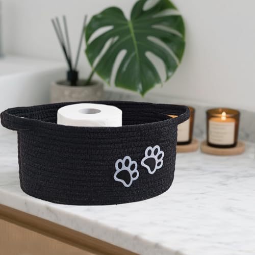 Small Woven Cotton Rope Nursery Organizer Bins, Dog Toy Basket Bins with Handle, Cute Empty Pet Gift Storage Baskets with Paw - color: Black