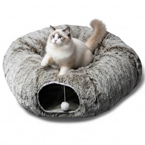 AUOON Plush Cat Tunnel Bed for Indoor Cats, 36" L x 36" W x 11.5" H, Brown - color: Brown