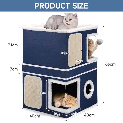 Shikha 2 Story Cat House beds for Indoor Cats with Scratch Pads Blue - color: Blue, size: Double
