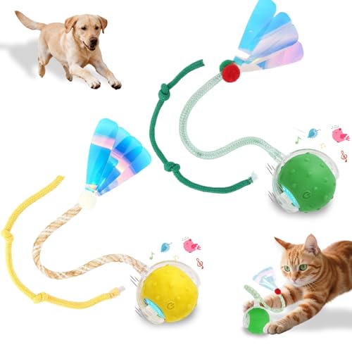 Interactive Cat Toys Smart Ball for Cats & Dogs! Now with 2 Rapid Tails. Features: 360°Auto-Rolling, Motion Activation& Bird Sounds. Perfect for Indoor Pet Exercise & Fun. (Yellow＆Green) - color: Yellow＆Green