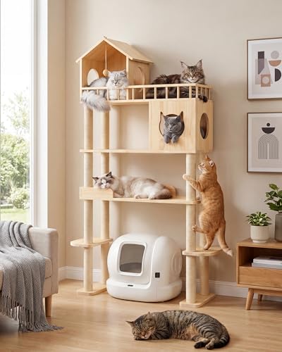 Wood Cat Tree for Automatic Litter Box, 5 Tier Cat Tower, 74 Inch - size: 74.4''H