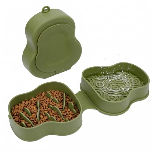 Collapsible Dog Travel Bowl with Lid, Slow Feeder (Green) - color: green