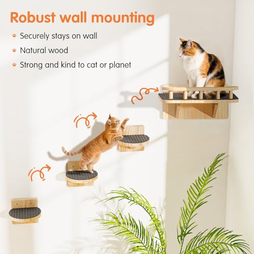 Cat Wall Shelves with 3 Steps, Floating Cat Shelves for Wall with Wide Perch, Modern Wood Wall Mounted Furniture up to 15lbs, Climber Shelf for Small/Medium Cats Sleeping,Jumping, Playing - size: Rectangular