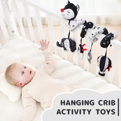 Koty Car Seat Toys, Infant Baby Spiral Plush Activity Hanging Toy for Stroller Bar Pram Crib with Music Box BB Squeaker & Rattles(Black Fox) - color: Black & White Fox