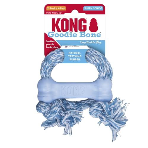 KONG Puppy Goodie Bone with Rope, Natural Rubber, for XS Puppies, Blue - color: Blue