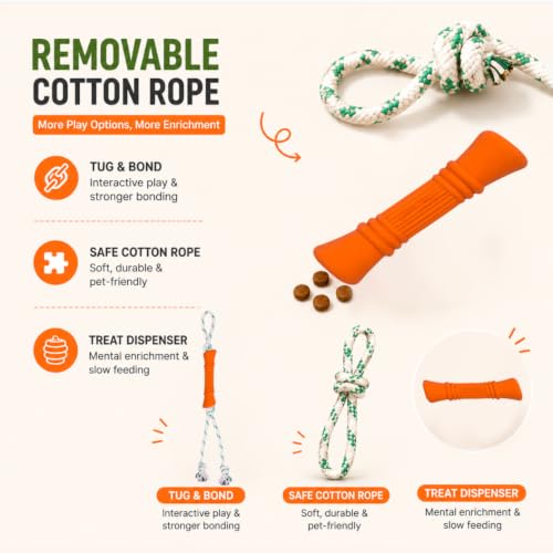 Green Sheep Tug & Enrichment Dog Toy, Interactive Rope Bone Toy with Removable Cotton Rope, Treat Dispensing Natural Rubber Dental Chew Toy for Medium and Large Dogs, Orange - color: Orange Bone With Rope