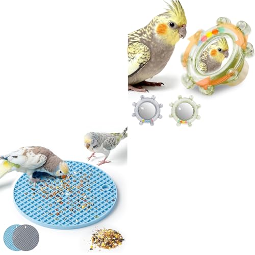 2Pcs Bird Toys with Mirror Spinner & Foraging Puzzle Slow Feeder Mats for Parakeet, Cockatiel, Budgie