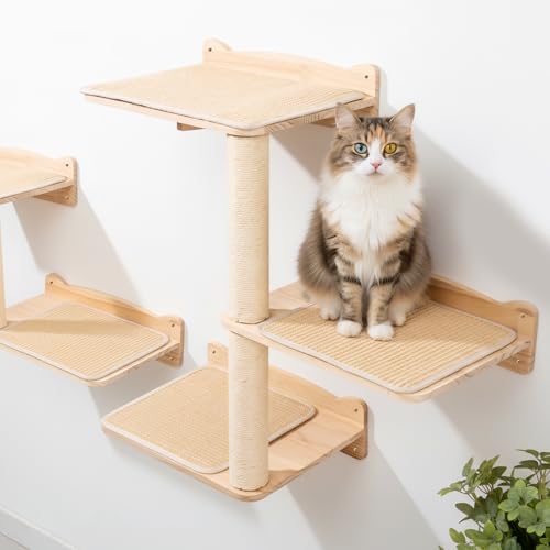 Cat Wall Shelves, 2-Tier Cat Shelves with Sisal Scratching Post, Sisal Mat Solid Pine Wood Wall Mounted Cat Climbing Furniture, Modular Design - size: 2-Tier
