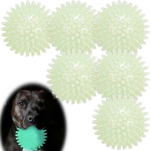 LECHONG 6-Pack Glow in The Dark Squeaky Dog Balls, 3.5” Spiky Dog Toy Balls, Durable Glowing Rubber Fetching Ball for Medium & Large Dogs Nighttime Playing Indoors & Outdoors - size: Medium-6 Packs