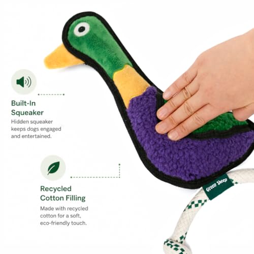 Green Sheep Squeaky Plush Dog Toy, Interactive Rope Toy with Recycled Materials for Tug, Fetch and Play, Medium to Large Dogs, Chew Toy, Duck - color: Duck