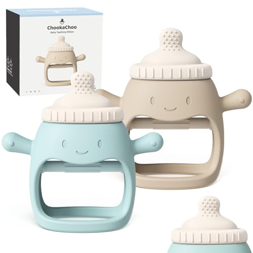 ChooKaChoo 2 Pack Baby Teething Toy for Over 3 Months, Food Grade Silicone Teething Mitten, Anti Dropping Wrist Hand Teethers Baby Chew Toys for Sucking Needs, BPA Free (BabyBottle Blue) - color: BabyBottle Blue
