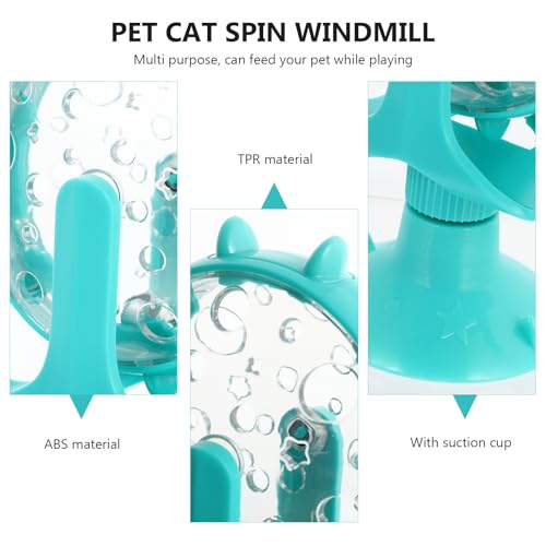 Windmill Cat Treat Dispenser Toy : 360 Degree Rotating Cat Treat Feeder with Suction Cup for Puppies Kitten, 5.11X1.57X6.68in (Blue)