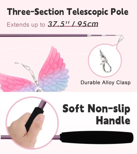 SONGWAY Interactive Cat Wand Toy Set - Retractable Cat Teaser Wand with 8 PCS Cat Toy Attachments, Dragonfly Butterfly Bird Mouse Yarn Ball Tassel Feather Cat Toy Refills for Indoor Cats Kittens, Pink - color: Pink