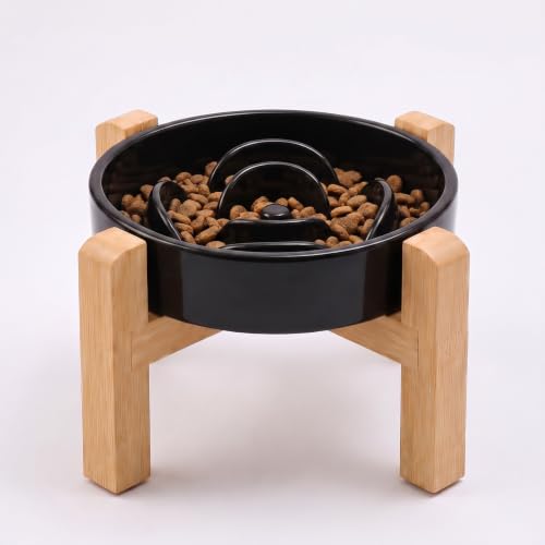 Elevated Ceramic Slow Feeder Dog Bowls Anti-Choking Slow Feeding for Small&Medium Size Anti-Slip Non-Lead & Toxic Durable Easy to Clean Maze Slow Feeder Bowl（8.26in Black Flower Pattern） - color: Black Flower Pattern, size: 1.6Cup