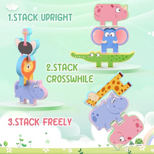 Zeoddler Montessori Toys for Toddlers, 10 Pack Wooden Animal Stacking Blocks, Sorting & Stacking Preschool Learning Activities, Gift for Boys, Girls - style: Animal