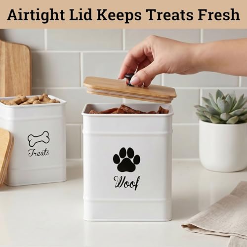 Dog Treat Container Set of 2 with Airtight Bamboo Lids - 8x6 & 7x5 inch - color: White - Large