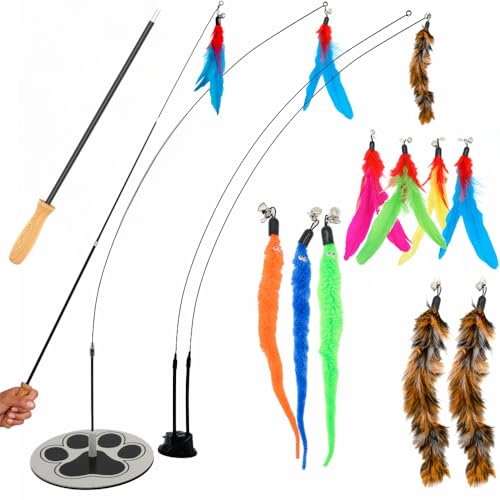 Cat Toys for Indoor Cats, Interactive Cat Toy Wand, Kitten Stuff, 9 Lures - color: Meow Motion Bundle