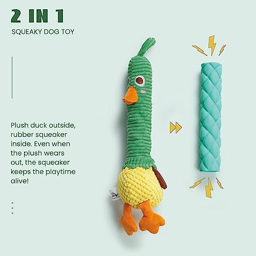 Nocciola 2 in 1 Easter Duck Dog Toy with a Large Rubber Squeaker - Tough Durable Stuffed Squeaky Crinkle Chew Toys for Aggressive Chewers, Medium and Large Breeds - color: Green Duck