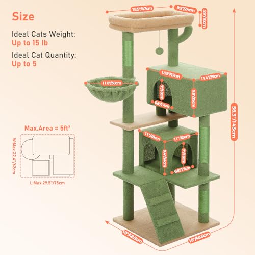 Cat Tree for Indoor Cats, 56.3" Multi-Level Cat Tower with 2 Condos - color: Green, size: 56 Inches