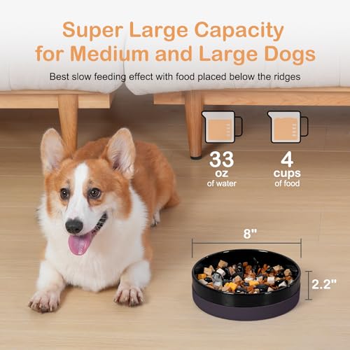 Sted Ceramic Slow Feeder Dog Bowls with Silicone Base - color: Black, size: Medium-8 inches