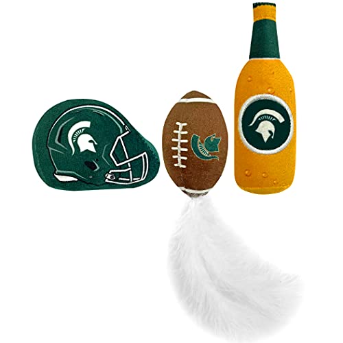 BEST PLUSH CAT TOY: NCAA MICHIGAN STATE SPARTANS Complete Set of 3 piece Cat Toys filled with Fresh Catnip. Includes: 1 Helmet Cat Toy, 1 Football Cat Toy with Feathers & 1 Beer Bottle. With Team LOGO - color: MICHIGAN STATE SPARTANS