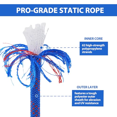 Static Climbing Rope - 12mm High Strength Arborist Rope 65FT for Outdoor Rappelling, Swing, Rigging, Tree Work, Camping - Blue - color: Blue, size: 65FT