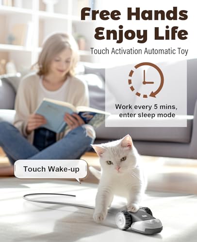 CYROS 3-in-1 Interactive Cat Toy - 2-Speed Automatic Moving Mouse Cat Toys Self Play with 2pcs Hanging Feather String Ribbon and Wiggly Silicone Mice Tail for Bored Indoor Adult Cats Kittens - color: Grey