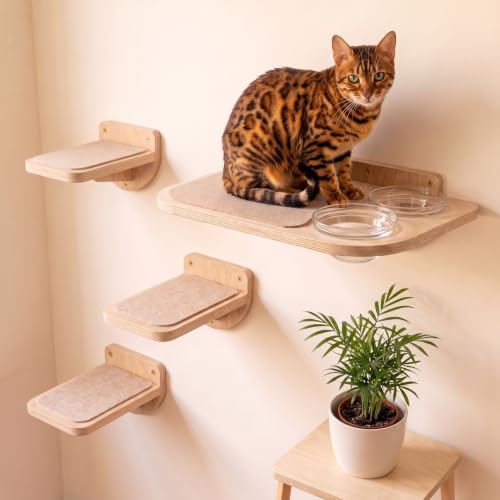 INICIO Cat Shelves - Feeding Shelf with 3 Cat Wall Steps - Natural Wood - color: Wood Brown