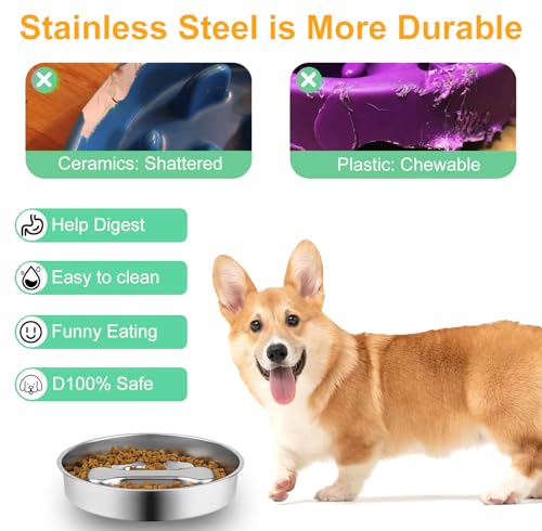 Stainless Steel Slow Feeder Dog Bowls,2 Pcs Slow Food Bowl for Dog & Cat - 2 Cups Capacity,Bone-Shaped Design Pet Food Holder,Metal Non-Slip Lick Plate,Puzzle Maze Dish for Small & Medium Sized Breeds