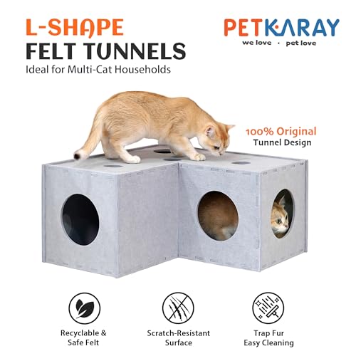 PETKARAY Cat Tunnel, Original Cat Hideaway Cave for Indoor Cats, Large Kitten Play Tubes and Tunnels, Soft Felt Cat Toy with Interactive Peek Hole, Grey L Shape - color: Grey, size: L-shape Tunnel