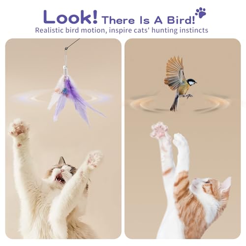 Pawaboo Cat Feather Wand Interactive Toy, 2 Feathers + 1 Wand with Bell - color: Purple