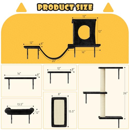 NUNU LAB Wall Mounted Cat Furniture, 6 Pcs Cat Wall Shelves with Condo House, Bridge, Steps, Scratcher, Hammock, Indoor Safe & Stable Furniture for Kittens Play, Black