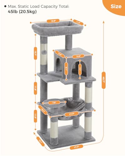 MUTTROS 45.7" Cat Tree with Hammock, Condo & 4 Sisal Posts, Grey - color: Grey, size: 45.7in