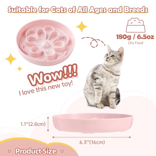 Slow-Food Cat Bowl - Made of Melamine, Suitable for Both Dry and Wet Food - Cute Flower Maze Pattern, Promotes Healthy Feeding and Helps Protect Whiskers - Dishwasher Safe - 6.3 in Wide x 1.1 in high - color: Pink