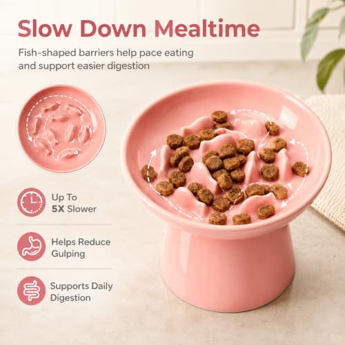 Cat Slow Feeder Bowl, Ceramic Elevated Cat Slow Feeder Bowl, Shallow Wide Opening Dish for Kitty, Anti Vomiting for Dry and Wet Food, Anti-Slip Design, Pink - color: Pink
