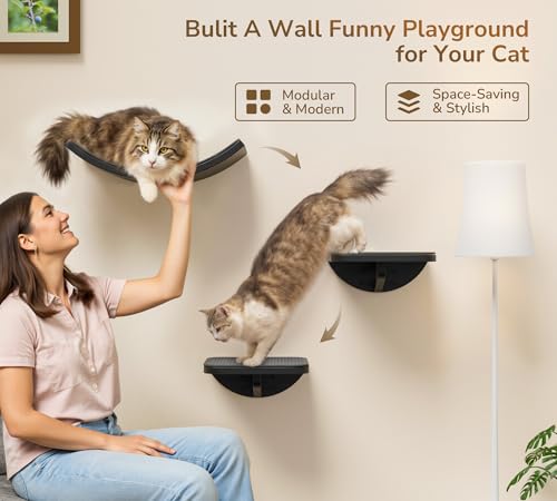 Cat Wall Shelves for Large Cats Set, Grey Curved Wall Sisal Bed and 2 Floating Wall Sisal Steps, Wall Mounted Climbing Shelves for Sleeping, Playing, and Lounging - color: Gray Sisal 3 in 1
