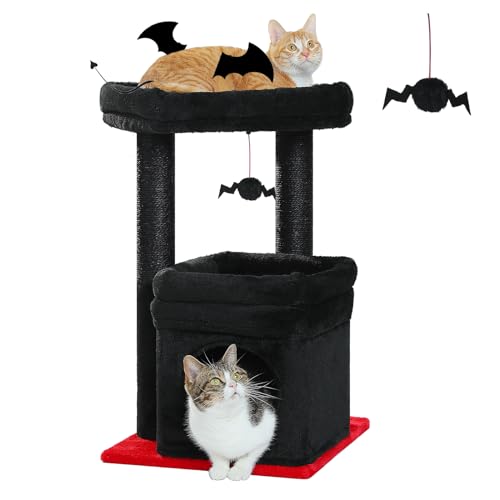PEQULTI Small Cat Tree Tower for Indoor Cats, Sisal Post & Cozy Condo Black - color: Black, size: M(15.7"L x 15.7"W x 26.7"H)