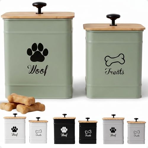 Dog Treat Container Set of 2 with Airtight Bamboo Lids - 8x6 & 7x5 inch - color: Sage Green - Large