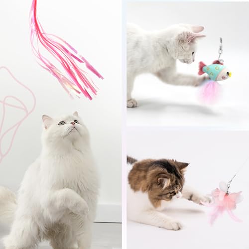 SONGWAY Cat Wand Toys for Indoor Cats - Cat Toy Set with Retractable Teaser Wand and 6 PCS Fairy Feather Toy Refills, Butterfly Tassel Plush Cat Toys Interactive, Pink - color: Pink