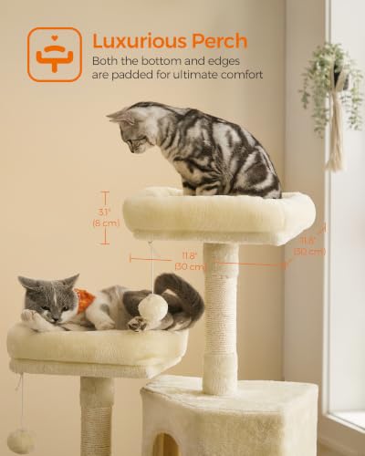 Feandrea Cat Tree, 45.3-Inch Cute Cat Tower, Plush Climbing Condo, Beige - color: Beige