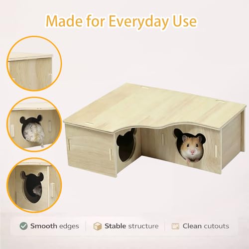 Multi-Chamber Hamster House Maze, 3-Room Hideouts, Wooden Hamster Maze & Tunnel Exploring Toys, Dwarf Hamster House Habitats Decor for Hamster Mice Gerbils Lemmings
