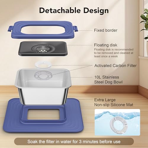 Decflow 10L Stainless Steel Dog Water Bowl, No Spill Anti-Splash Bowls - color: Blue