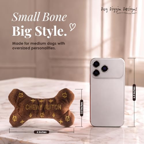 Dog Diggin Designs Chewy Vuiton Plush Dog Toy Bone | Luxury-Inspired Parody Designer Bone with Squeaker, Soft Plush Chew & Play Dog Toy – Prêt-à-Porter Play! - color: Brown Bone, size: Large